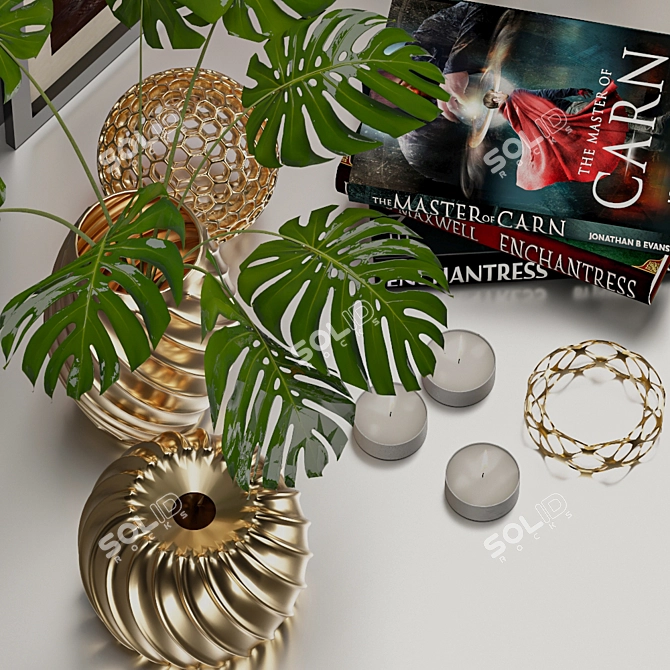 Golden Decor Set: Vines, Candlestick, Book 3D model image 4