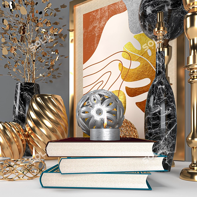 Golden Decor Set: Vines, Candlestick, Book 3D model image 9