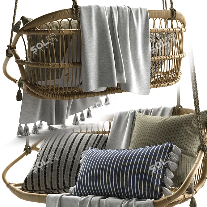 Scandi-Inspired Hanging Rattan Bench 3D model image 2