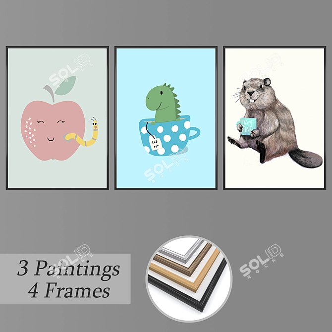 Set of 3 Wall Paintings with 4 Frame Options 3D model image 1