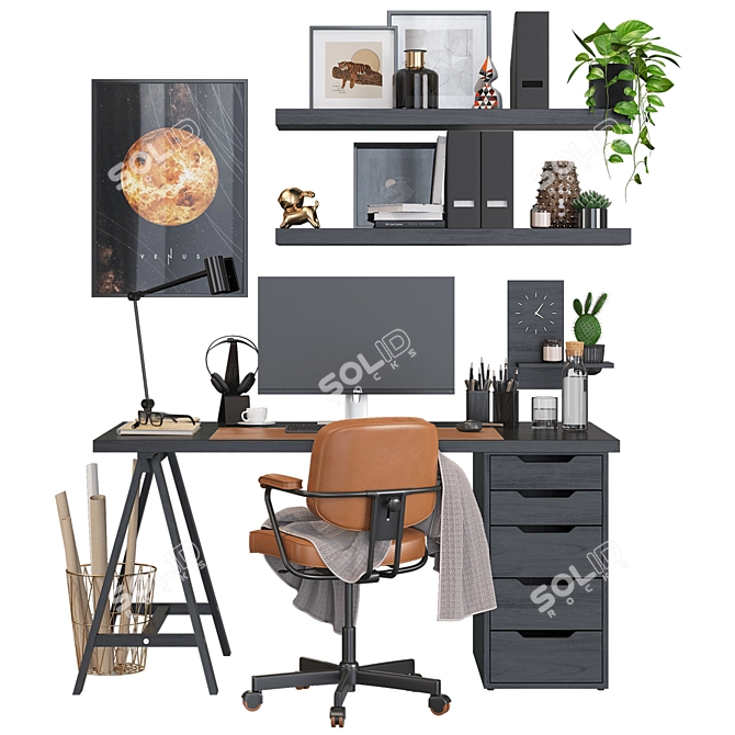 Sleek Black Ikea Office Workspace 3D model image 2