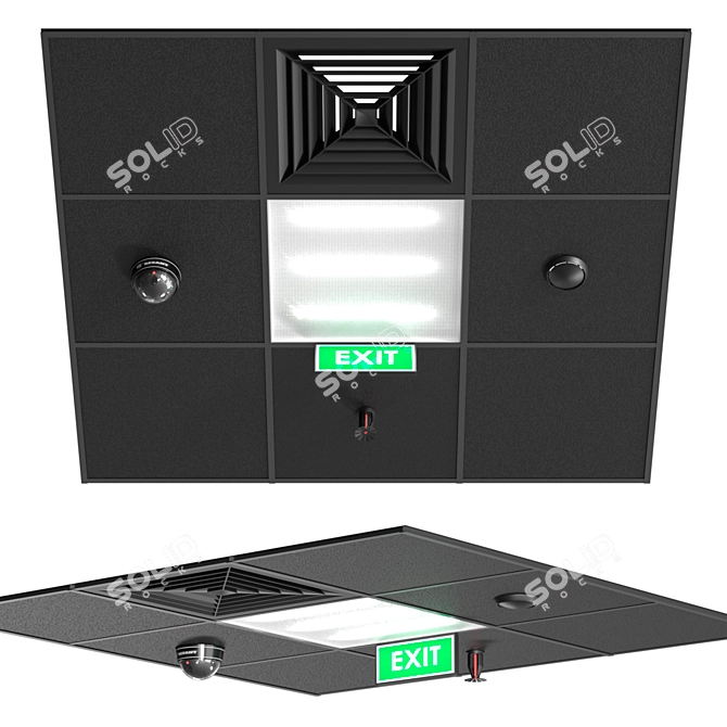 Advanced Black Ceiling: Integrated Lighting, Ventilation, Fire Suppression, Camera & Exit Sign 3D model image 1