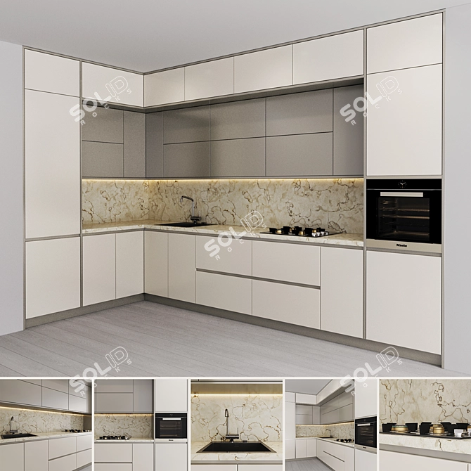 Modern Kitchen Set: Gas Hob, Sink, Oven & Hood 3D model image 1