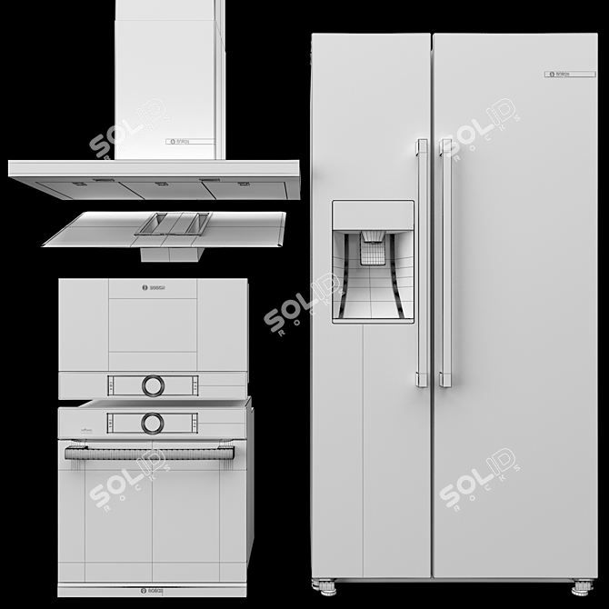 BOSCH Appliance Set: Oven, Microwave, Induction Cooktop with Integrated Hood, Decorative Extractor, Fridge 3D model image 4