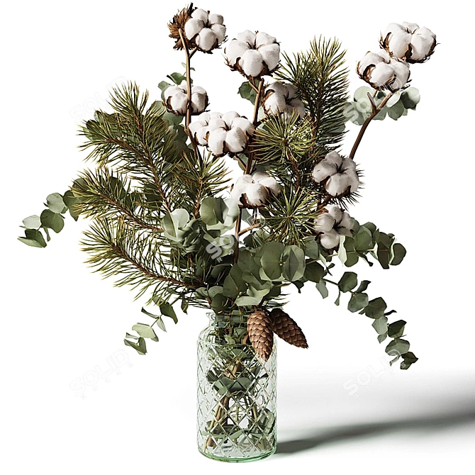 Title: Eucalyptus Pine Cotton Bouquet in Glass Vase 3D model image 1