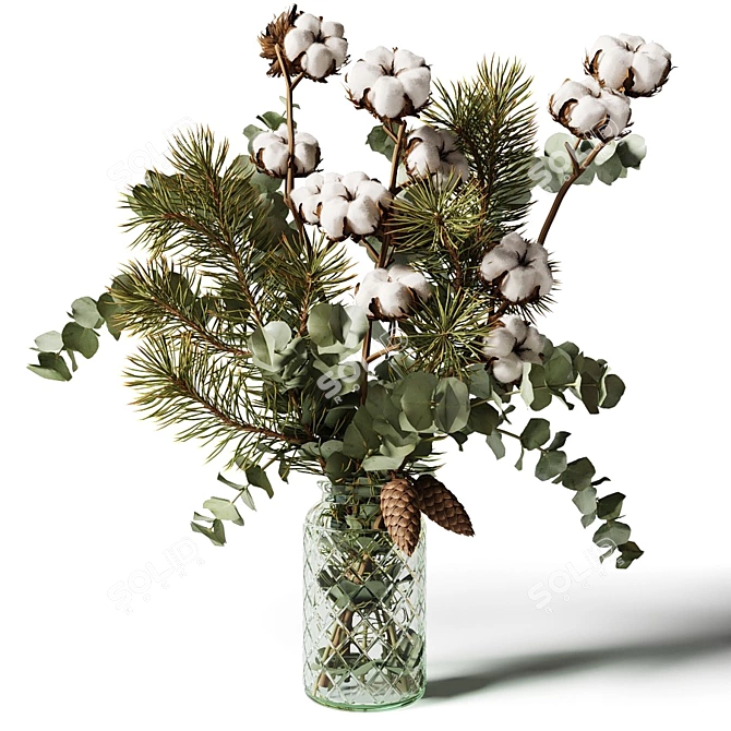 Title: Eucalyptus Pine Cotton Bouquet in Glass Vase 3D model image 2