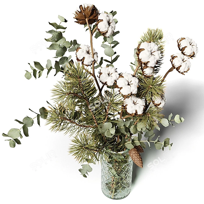 Title: Eucalyptus Pine Cotton Bouquet in Glass Vase 3D model image 4