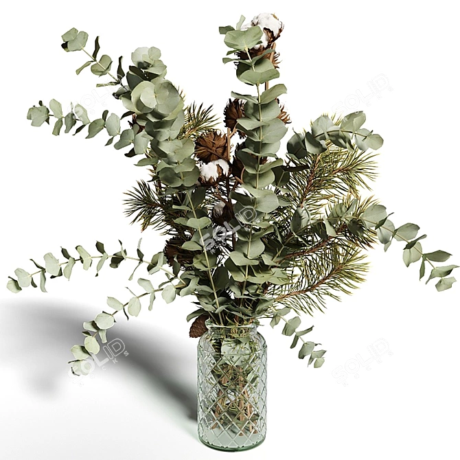 Title: Eucalyptus Pine Cotton Bouquet in Glass Vase 3D model image 5