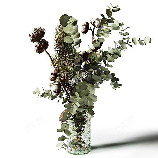 Title: Eucalyptus Pine Cotton Bouquet in Glass Vase 3D model image 7