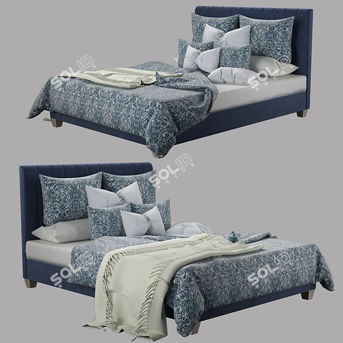 Navy Velvet Oak Wood Leg Bed 3D model image 1