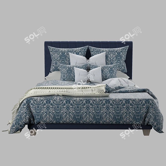 Navy Velvet Oak Wood Leg Bed 3D model image 2