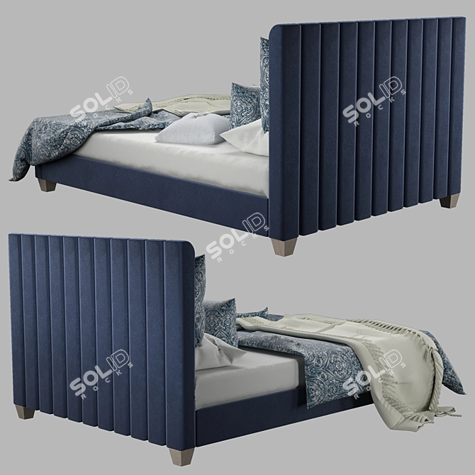 Navy Velvet Oak Wood Leg Bed 3D model image 4