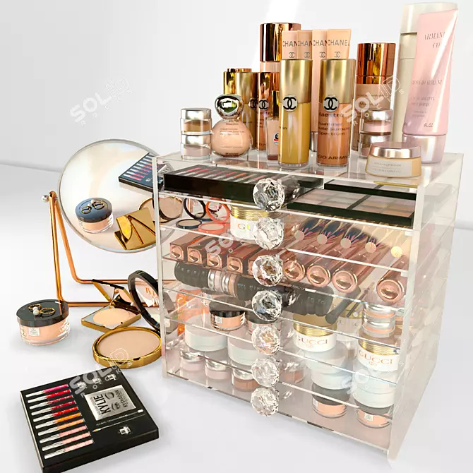 Luxury Cosmetics Set: Makeup, Salon, Mirror, Gold 3D model image 1