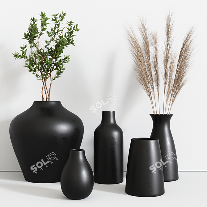 Elegant Black Vases Set with Pampa Grass 3D model image 1