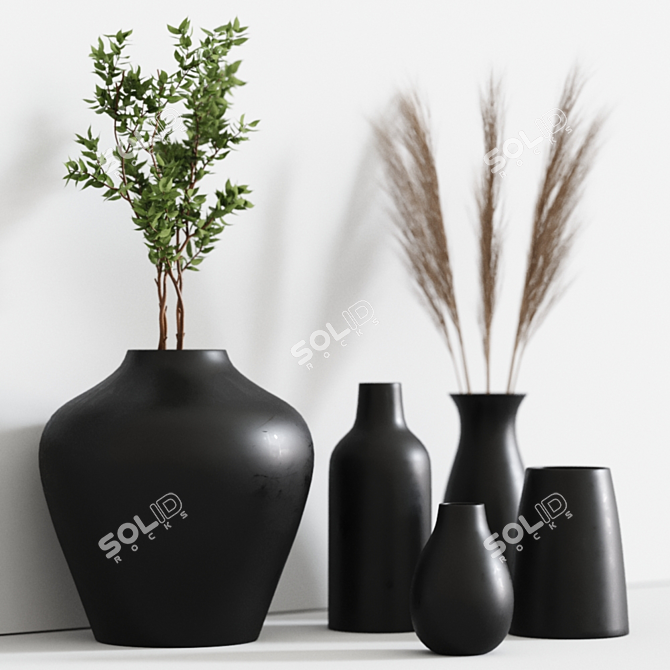 Elegant Black Vases Set with Pampa Grass 3D model image 2
