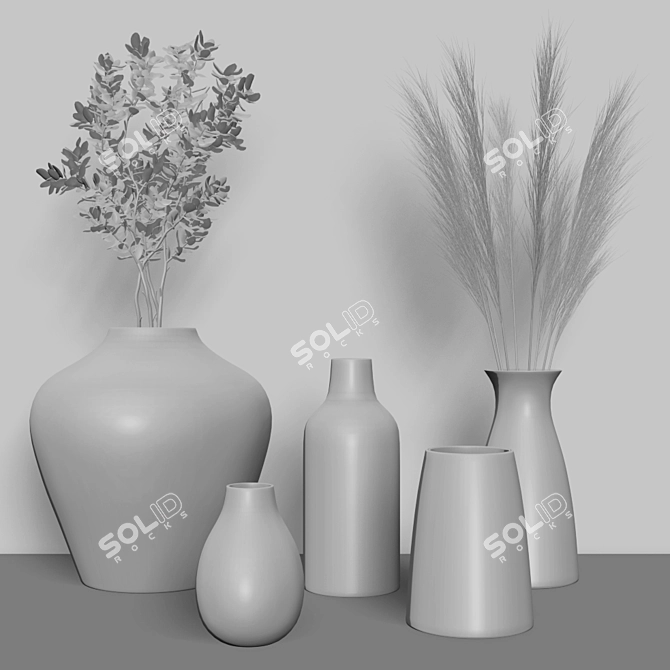 Elegant Black Vases Set with Pampa Grass 3D model image 4