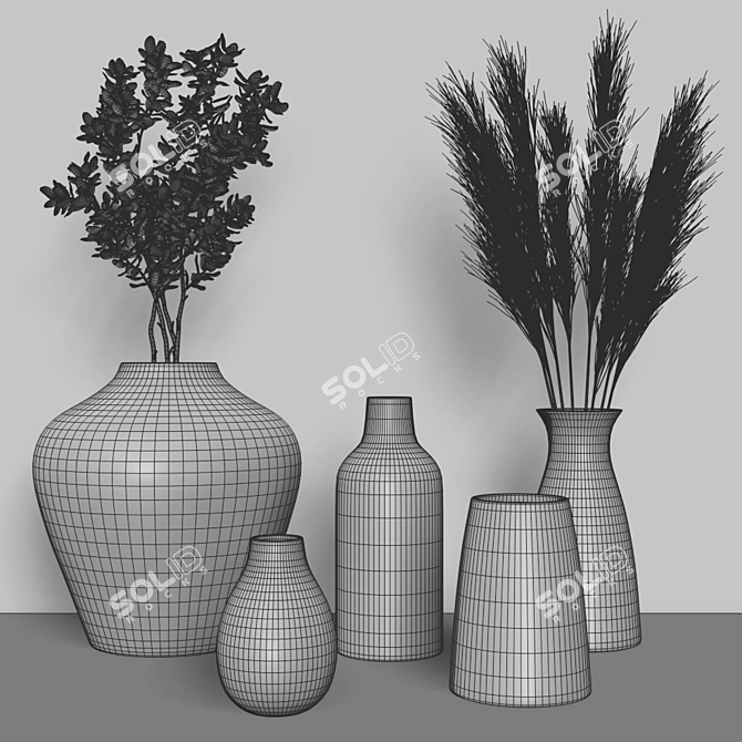 Elegant Black Vases Set with Pampa Grass 3D model image 5