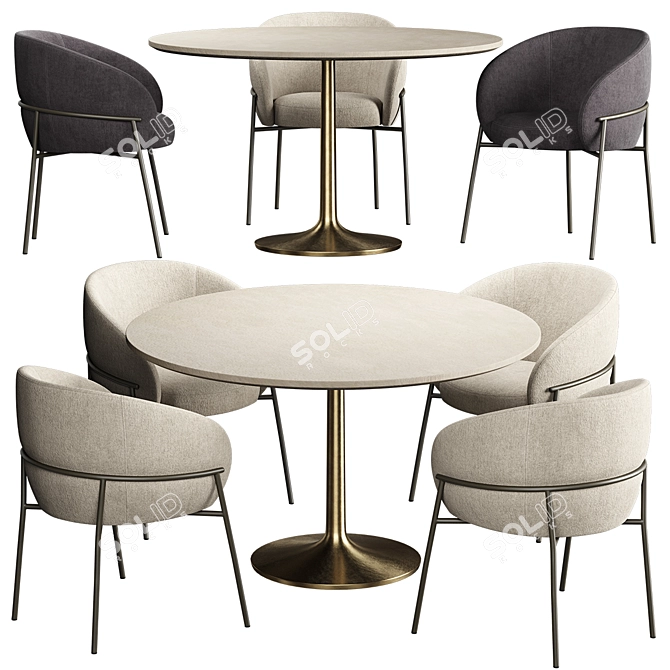 Elegant Brown Marble Dining Table & Brass Chair Combo 3D model image 1