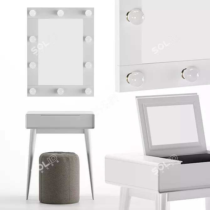 Modern White Dressing Table JIMI with Mirror and Pouf 3D model image 1