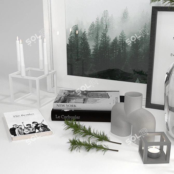 Scandi Decor Set: Cedar Branch, Books, Frames, Vases 3D model image 4