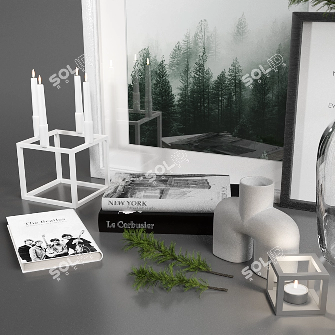 Scandi Decor Set: Cedar Branch, Books, Frames, Vases 3D model image 8