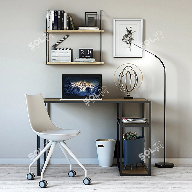 Romero Workspace: Desk, Chair, Torchere, Shelf, Stand, Decor, Trash Can 3D model image 1