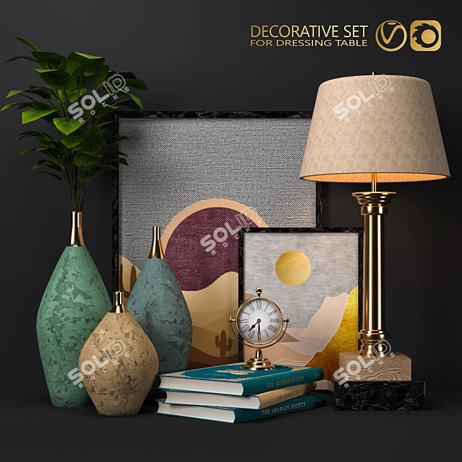 Elegant Decor Set: Flowers, Pot, Book, Frame, Lamp, Watch 3D model image 1