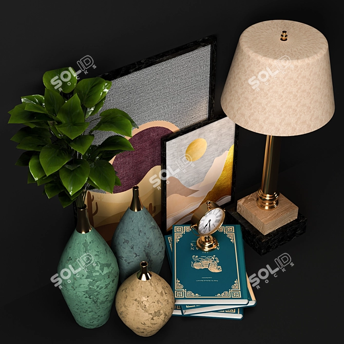 Elegant Decor Set: Flowers, Pot, Book, Frame, Lamp, Watch 3D model image 3
