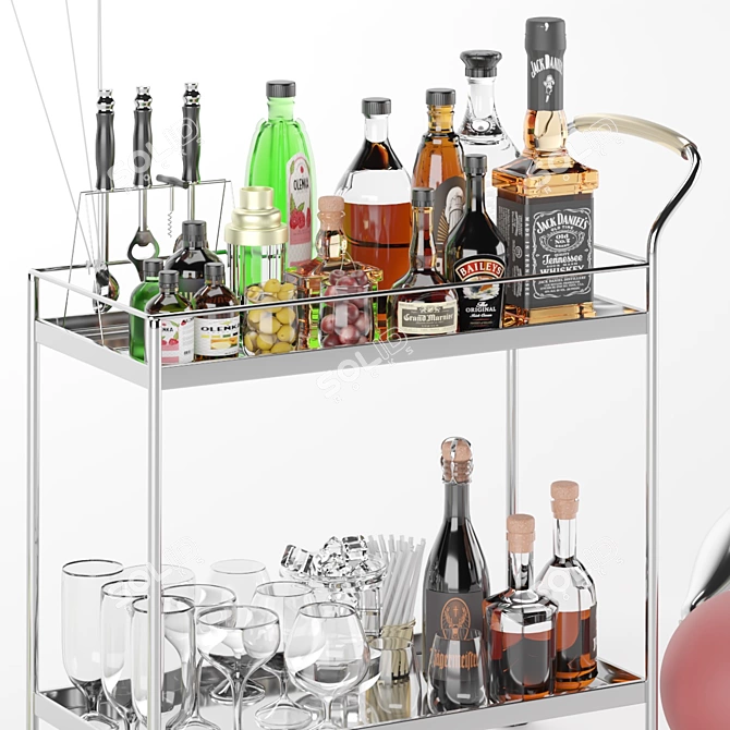 Elegant Liquor Cart with Whiskey Glass & Components 3D model image 4