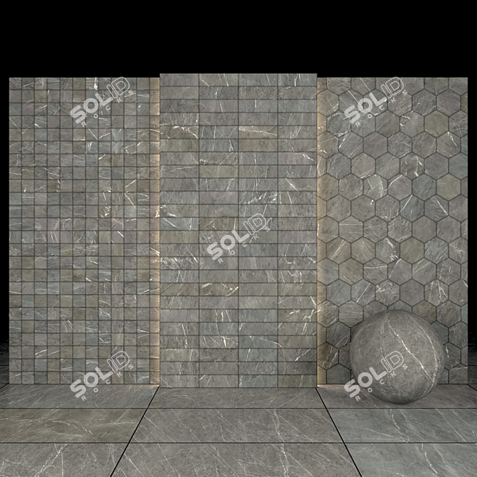 Gray Marble Tiles - Glossy Slabs & Hexagonal/Rectangular/Square Tiles 3D model image 3