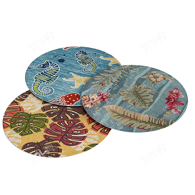 Floral Wool Area Rugs Set 3D model image 2