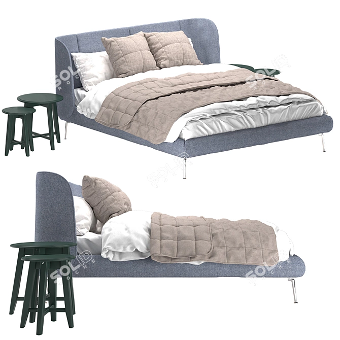 Modern Blue Upholstered Bed Set 3D model image 2