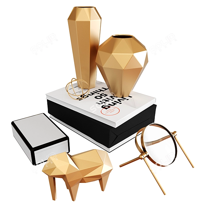 Minimalist Decor Set: Bronze Vases, Magnifying Glass, Figurine, Books & Box 3D model image 1