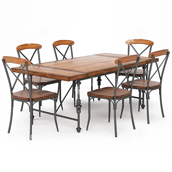 Industrial Rustic Dining Table Set 3D model image 1