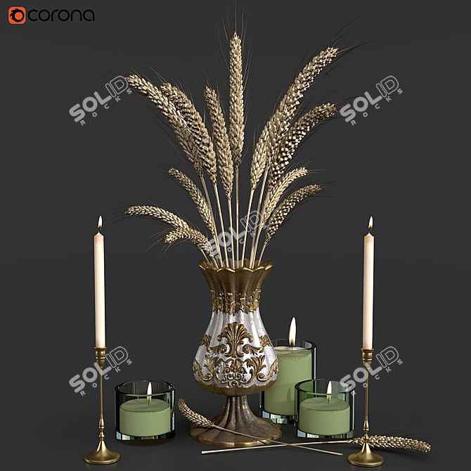 Rustic Wheat and Candle Display 3D model image 1