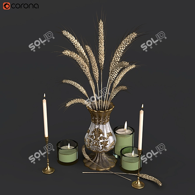 Rustic Wheat and Candle Display 3D model image 2