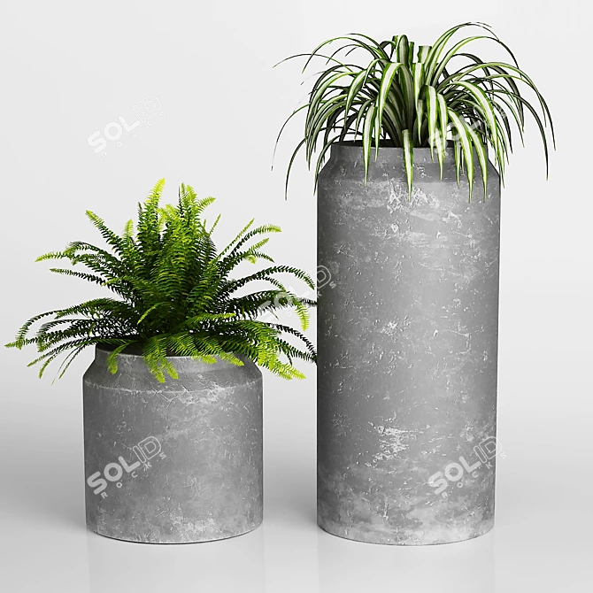 Rustic Grey Vase with Green Plants 3D model image 1