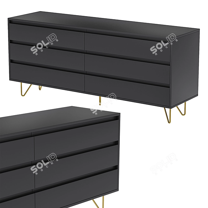 Elona Wide Chest: Chic Charcoal & Brass Drawers 3D model image 1