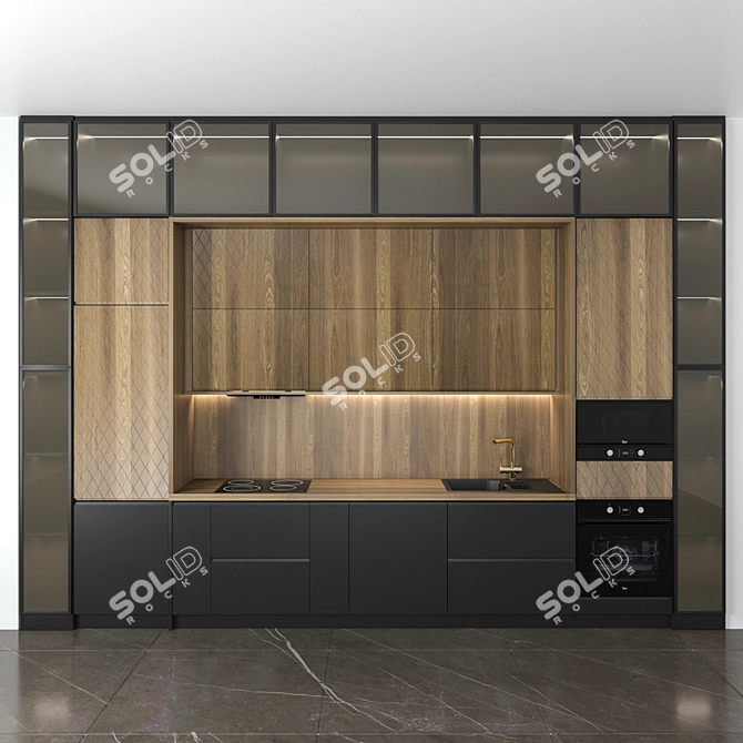 Title: Modern Compact Kitchen with Wooden Accent 3D model image 1