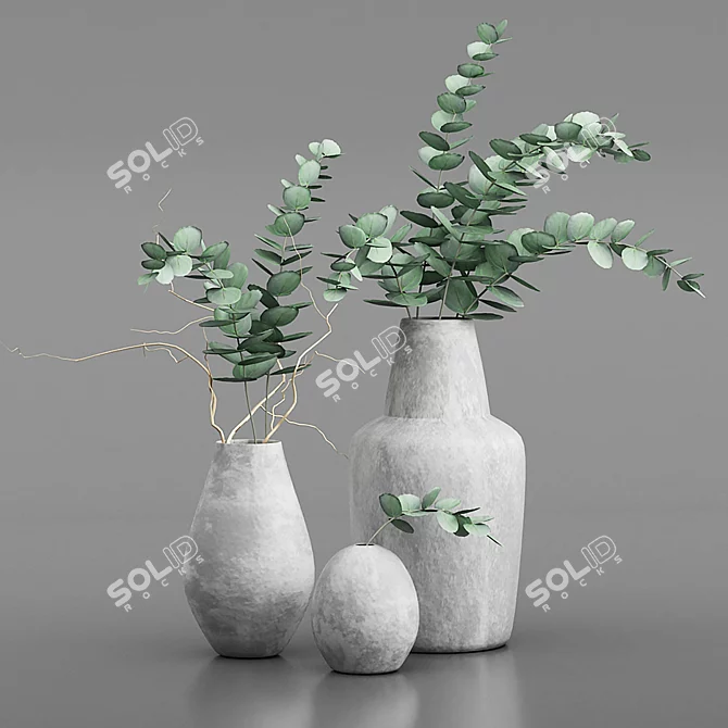 Fresh Eucalyptus Bouquets: 3 Ceramic Vases 3D model image 1