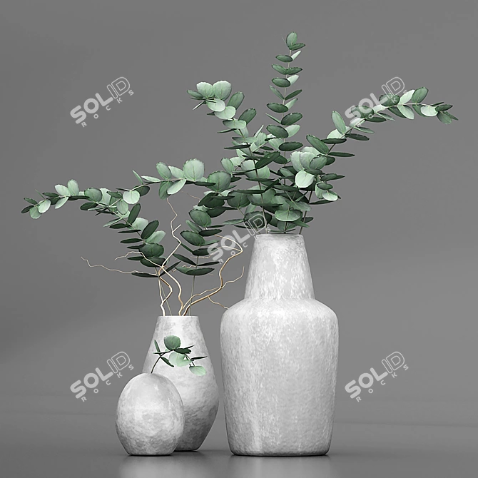 Fresh Eucalyptus Bouquets: 3 Ceramic Vases 3D model image 2