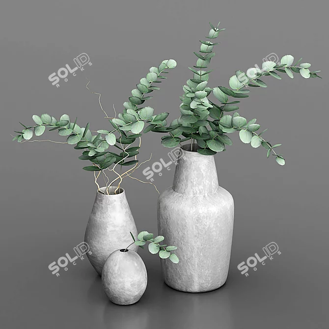 Fresh Eucalyptus Bouquets: 3 Ceramic Vases 3D model image 4