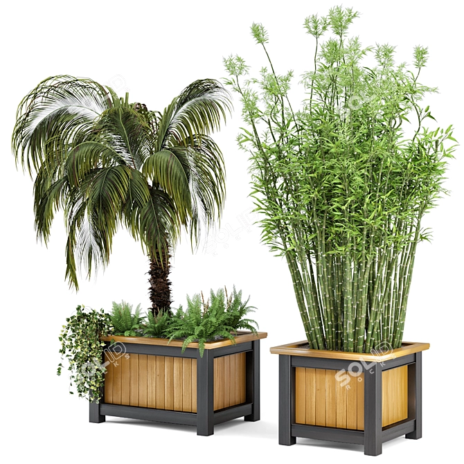 Outdoor Plant Set: 35 Wooden Pots 3D model image 1