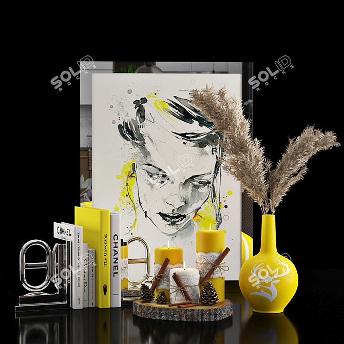 Elegant Decor Set: Books, Frame, Vase, Candles 3D model image 1