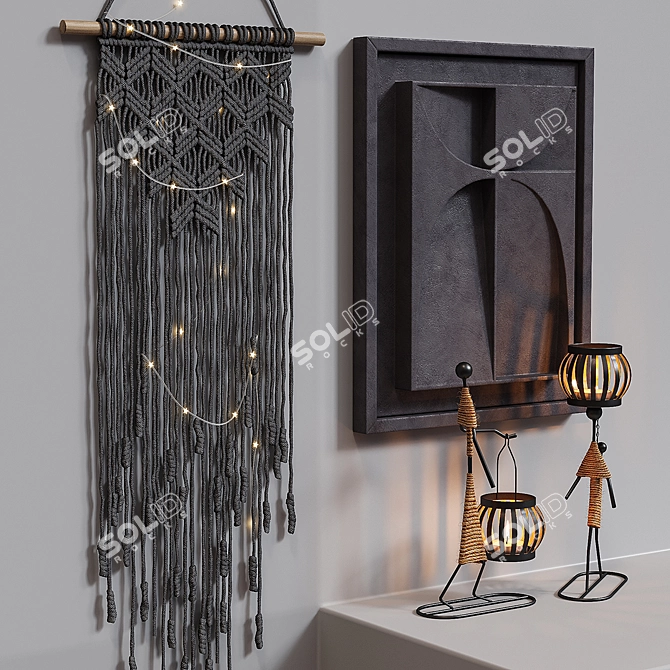 Boho Black Macrame Wall Hanging 3D model image 2