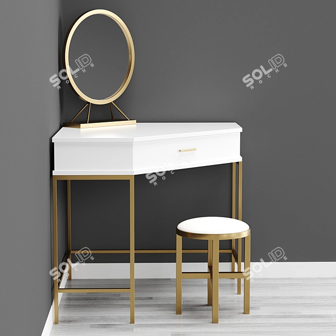 Modern Corner Dressing Table with Mirror and Stool 3D model image 3