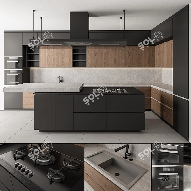 Modern Black Wood 36-Inch Kitchen 3D model image 1