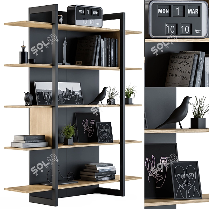 Wood & Black Rack 04: Stylish Storage Solution 3D model image 1