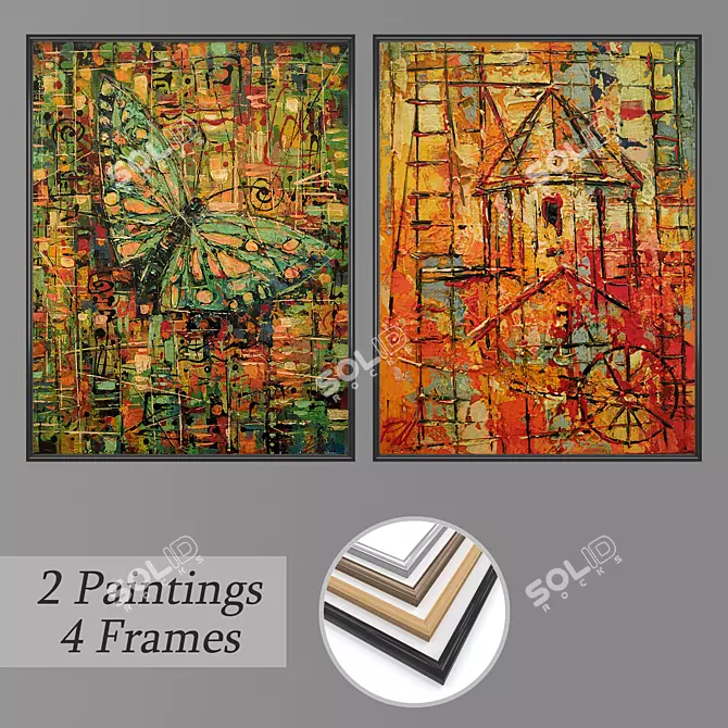 Modern Art Set: 2 Paintings, 4 Frame Options 3D model image 1