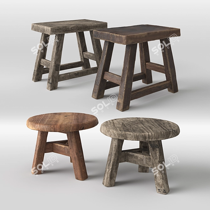 Rustic Wood Foot Stools 3D model image 1